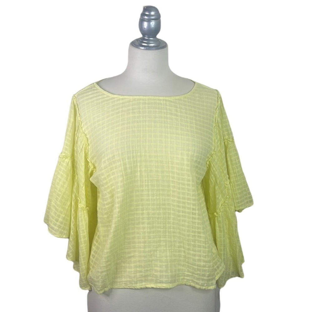 Vince Camuto Neon Yellow Cotton Windowpane Big Bell Sleeve Pullover Top Large